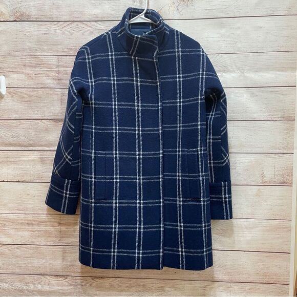 J CREW WOOL CITY COAT IN NAVY BLUE AND WHITE‎ WINDOWPANE - Picture 4 of 11